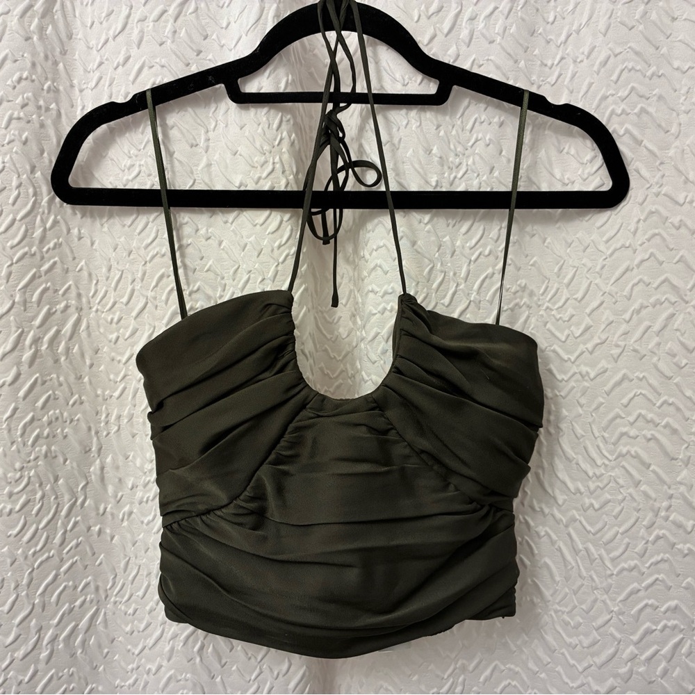 Zara Olive Green Ruched Crop Halter Top